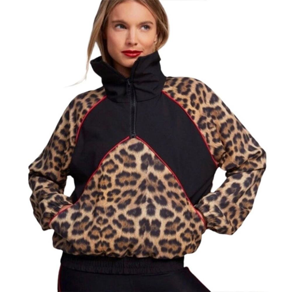 Terez Womens Leopard Print 1/4 Zip Pullover Windbreaker Size S Mob Wife Retro